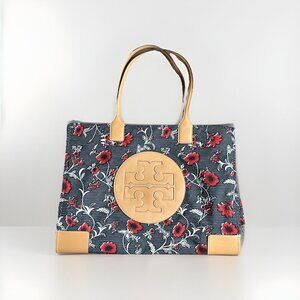 Tory Burch Ella Printed Tote Red Black Floral Retro Block Print Bag